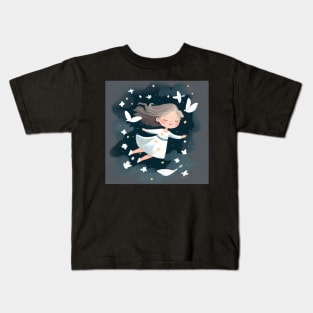 Ethereal White Dress Girl Soaring Amongst Stars and white dove Kids T-Shirt